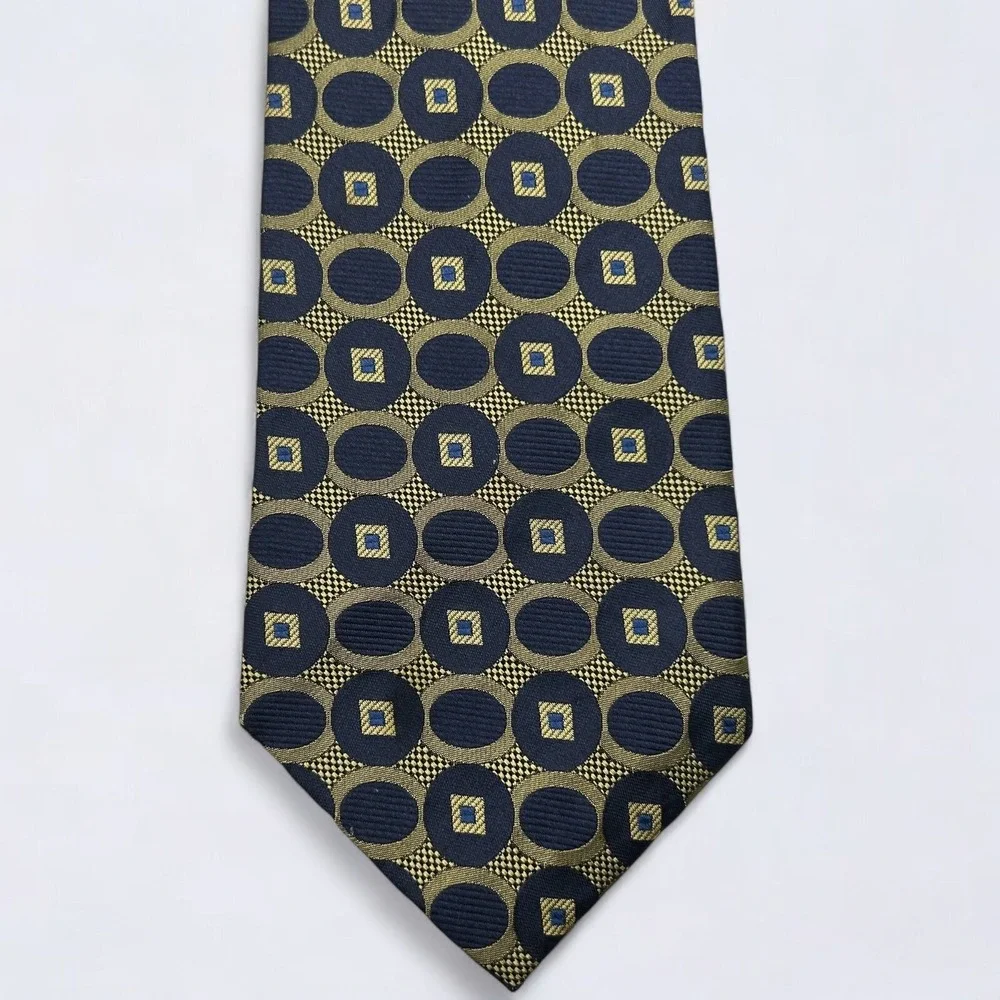 Jos A Bank Necktie Adult Navy Blue Gold Geometric Circles Silk Hand Made In USA